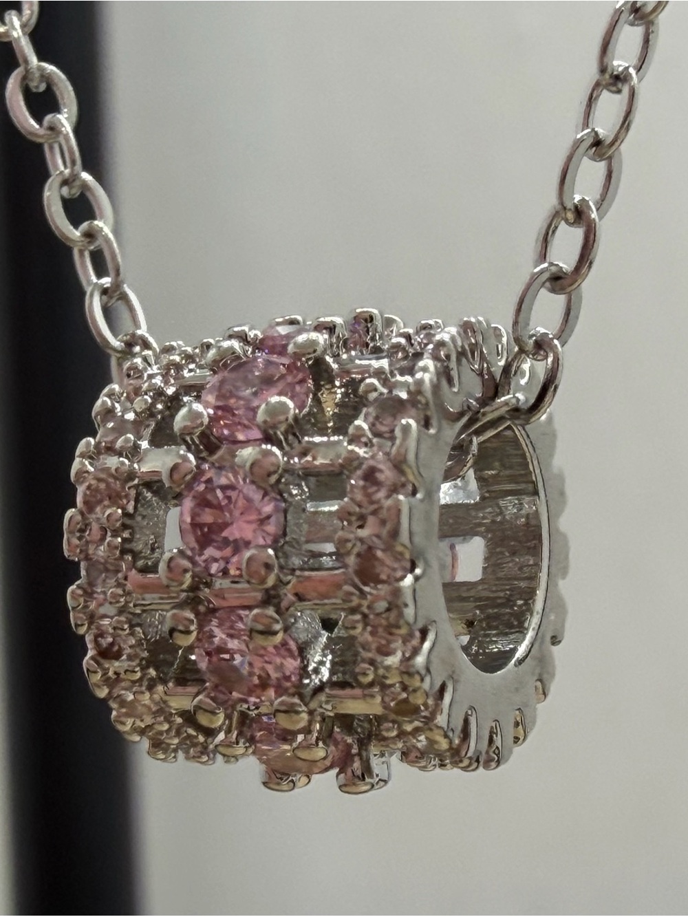 Pink Cubic Zirconia Halo Bead Necklace Pendant